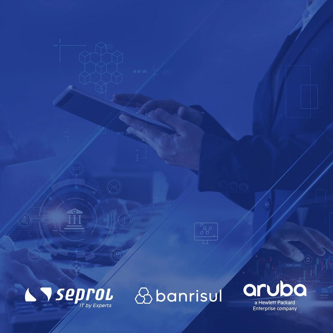 Ilustração de tecnologia bancária com as marcas Seprol, Banrisul e Aruba (HPE)