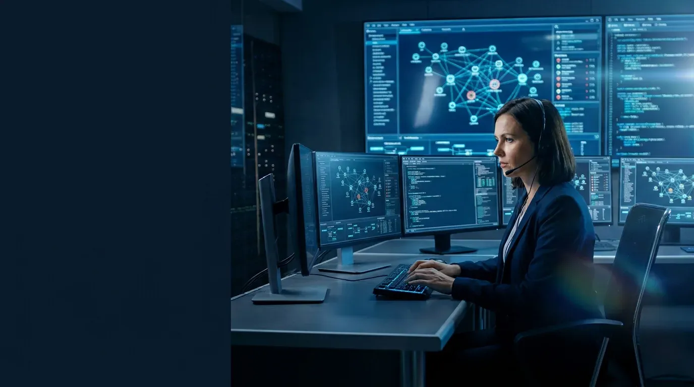Profissional de tecnologia monitora dados em múltiplos monitores em um ambiente de trabalho moderno e tecnológico.