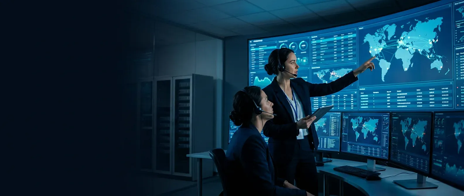 Profissionais em um centro de operações monitoram dados em telas, destacando a análise e a comunicação estratégica.