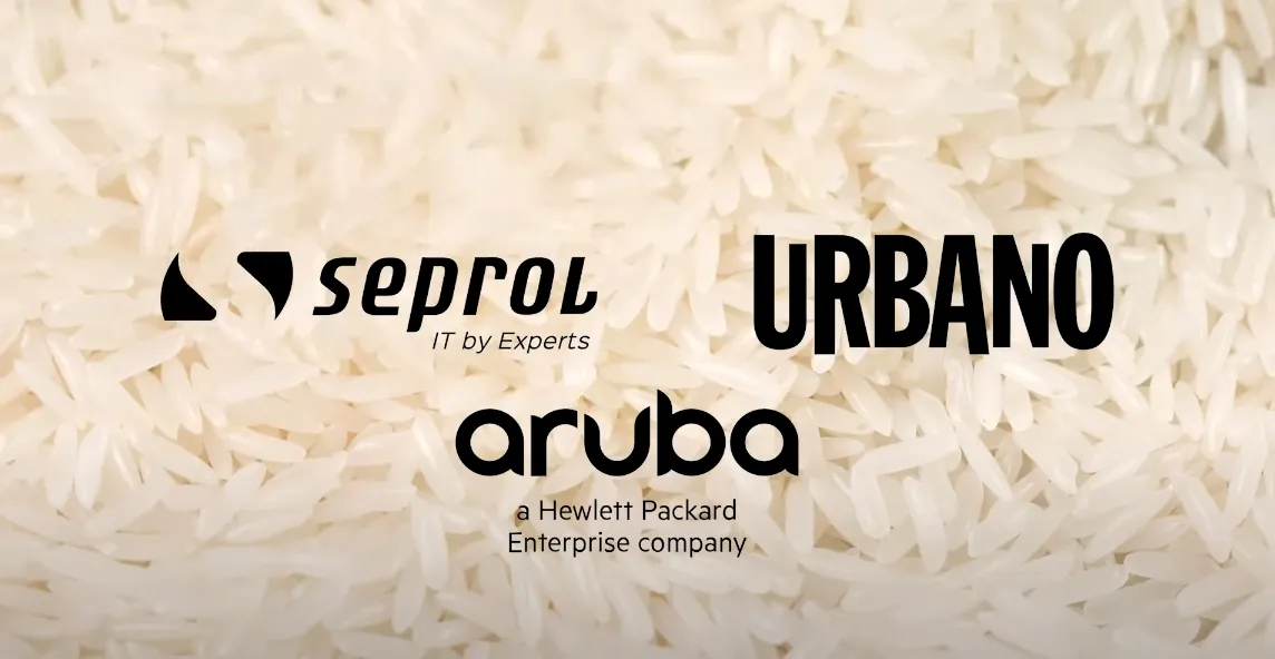 Logos das empresas Seprol, Urbano e Aruba sobre um fundo de arroz, representando uma parceria no setor alimentício.
