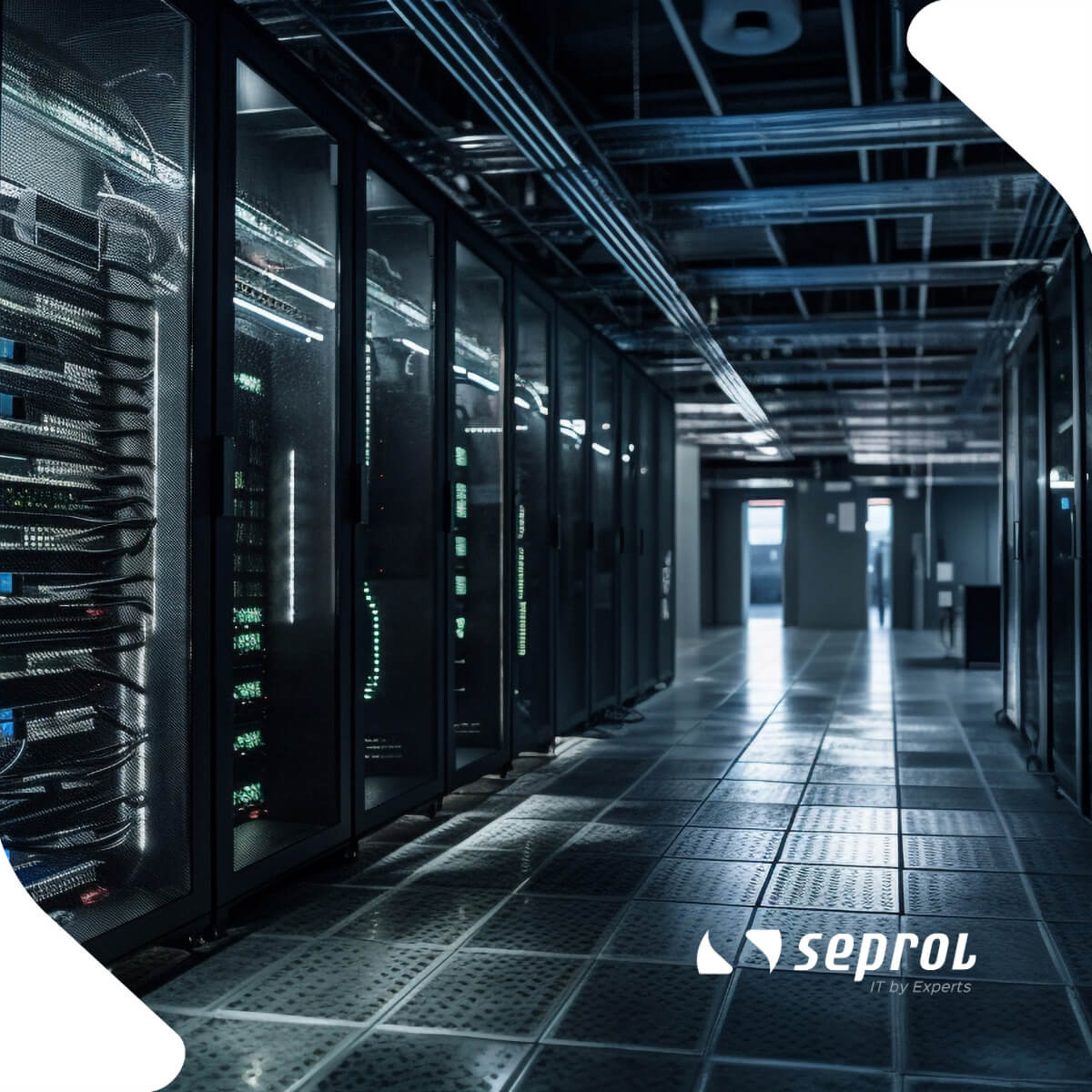 Corredor de data center com racks de servidores e cabeamento organizado, sob iluminação azul